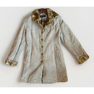 Y2K BKE Penny Lane Suede Long Coat S Button Up Embroidered Faux Fur Fairy Boho
